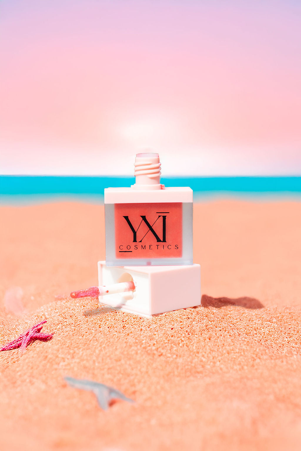 Alice orange pink shimmer gloss in tube and applied – glowy summer gloss